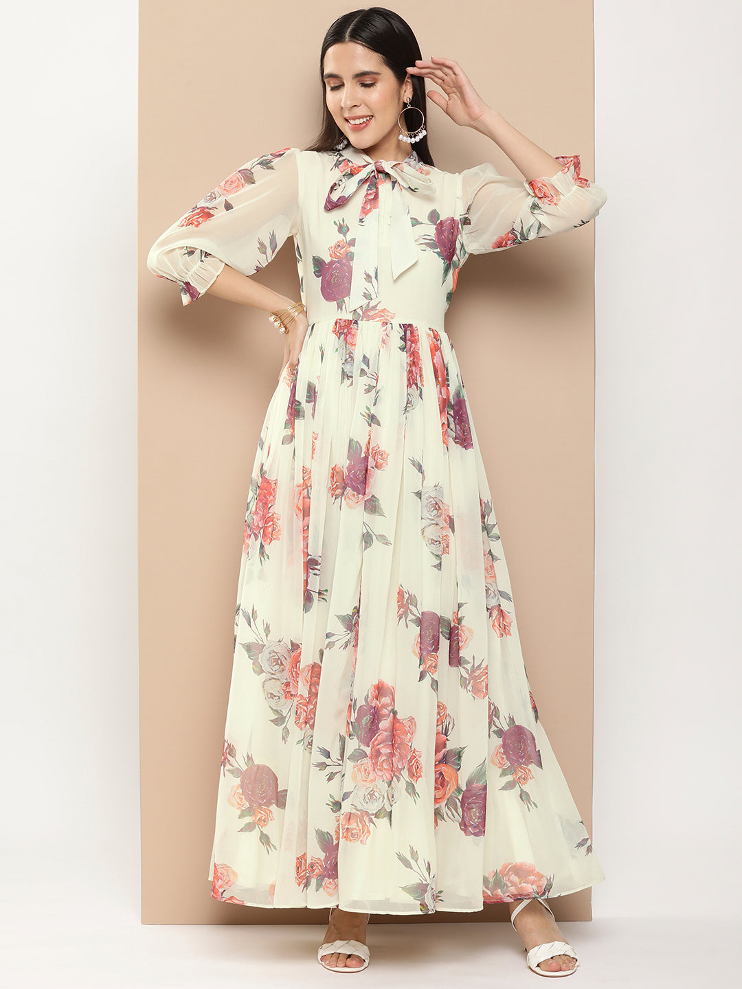 Bhama Couture Off White Printed Long Dress With Waist Belt