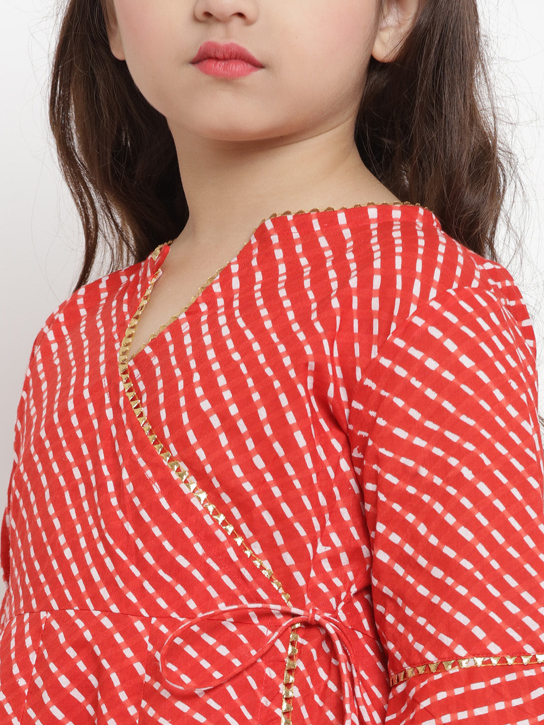 Bitiya By Bhama Girls Red Leheriya Printed Angrakha Kurta With Solid Palazzos