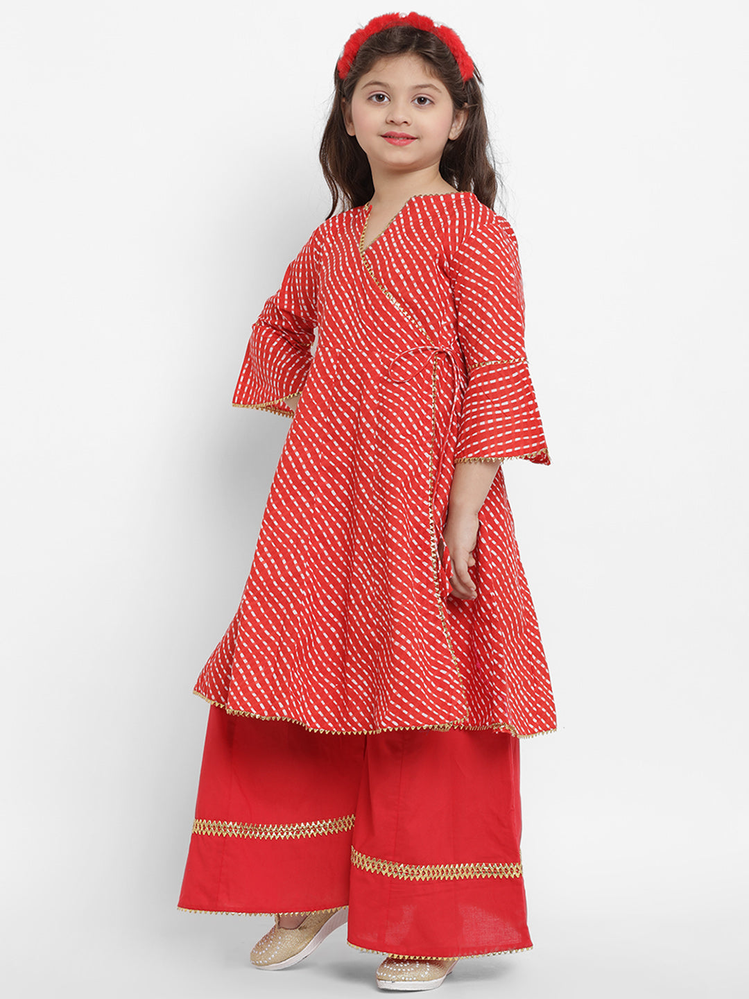 Bitiya By Bhama Girls Red Leheriya Printed Angrakha Kurta With Solid Palazzos