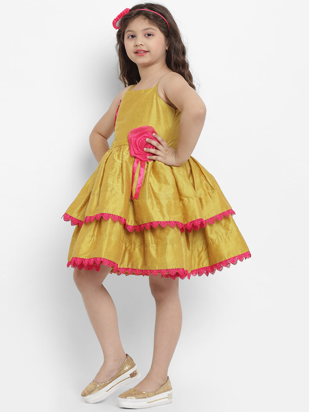 Bitiya By Bhama Girls Mustard Yellow Self Design Fit And Flare Dress