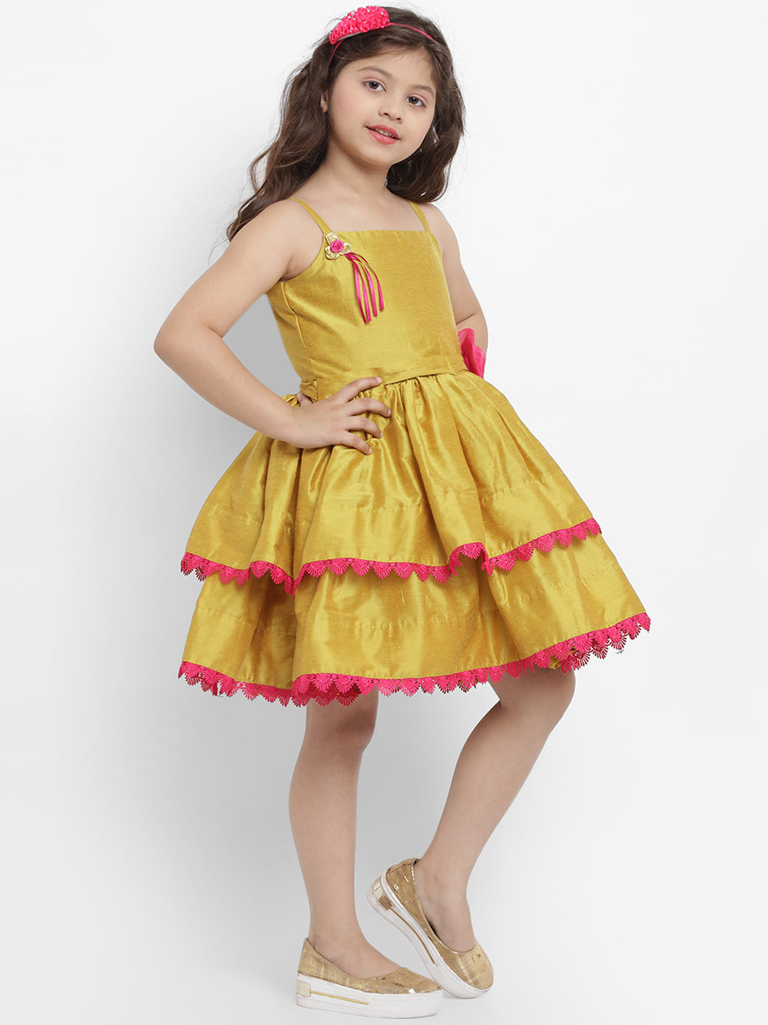 Bitiya By Bhama Girls Mustard Yellow Self Design Fit And Flare Dress