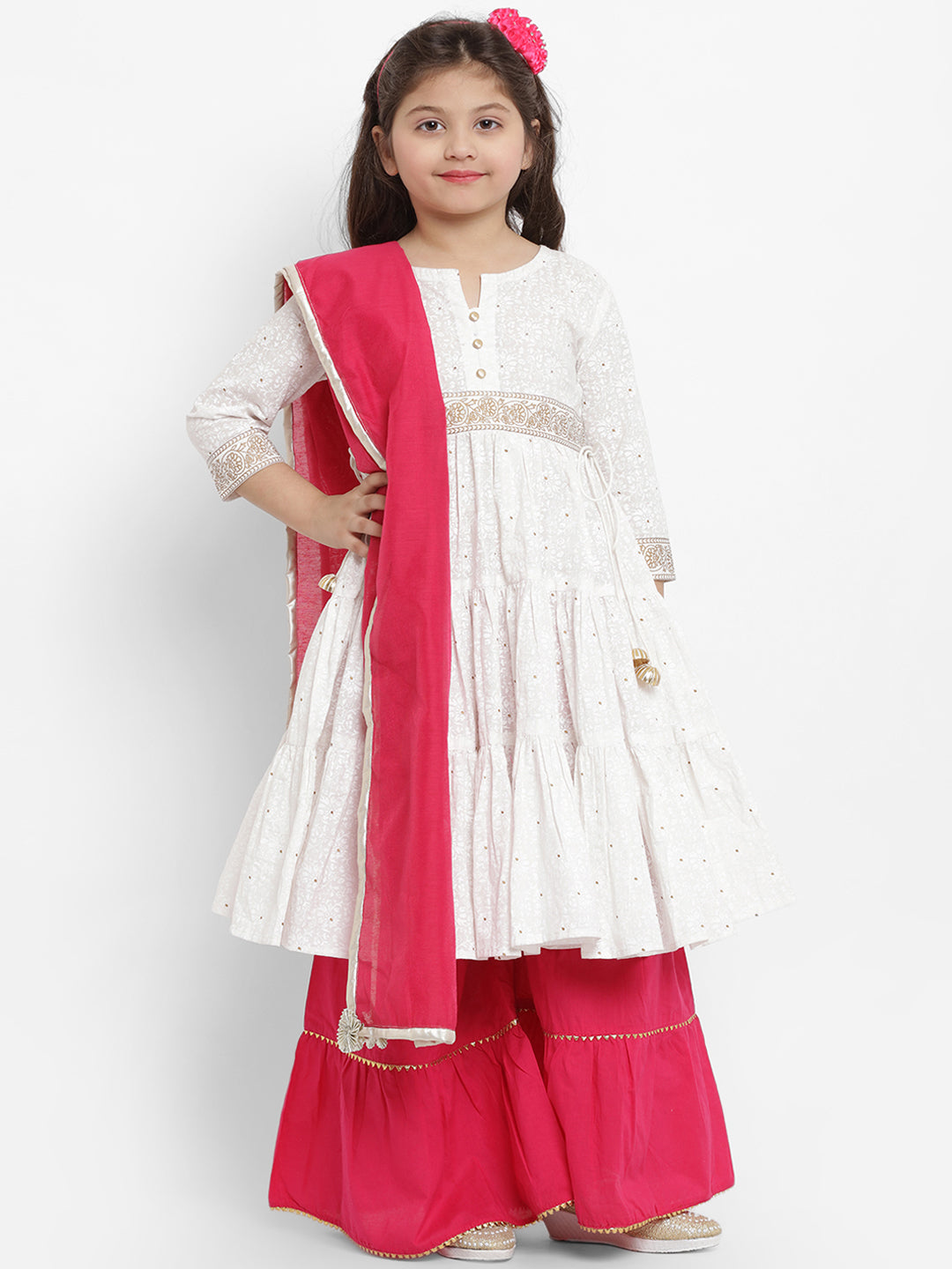 Bitiya By Bhama White Cotton Khari Print Flaired Anarkali Kurta And Plazzo With Chandri Dupatta