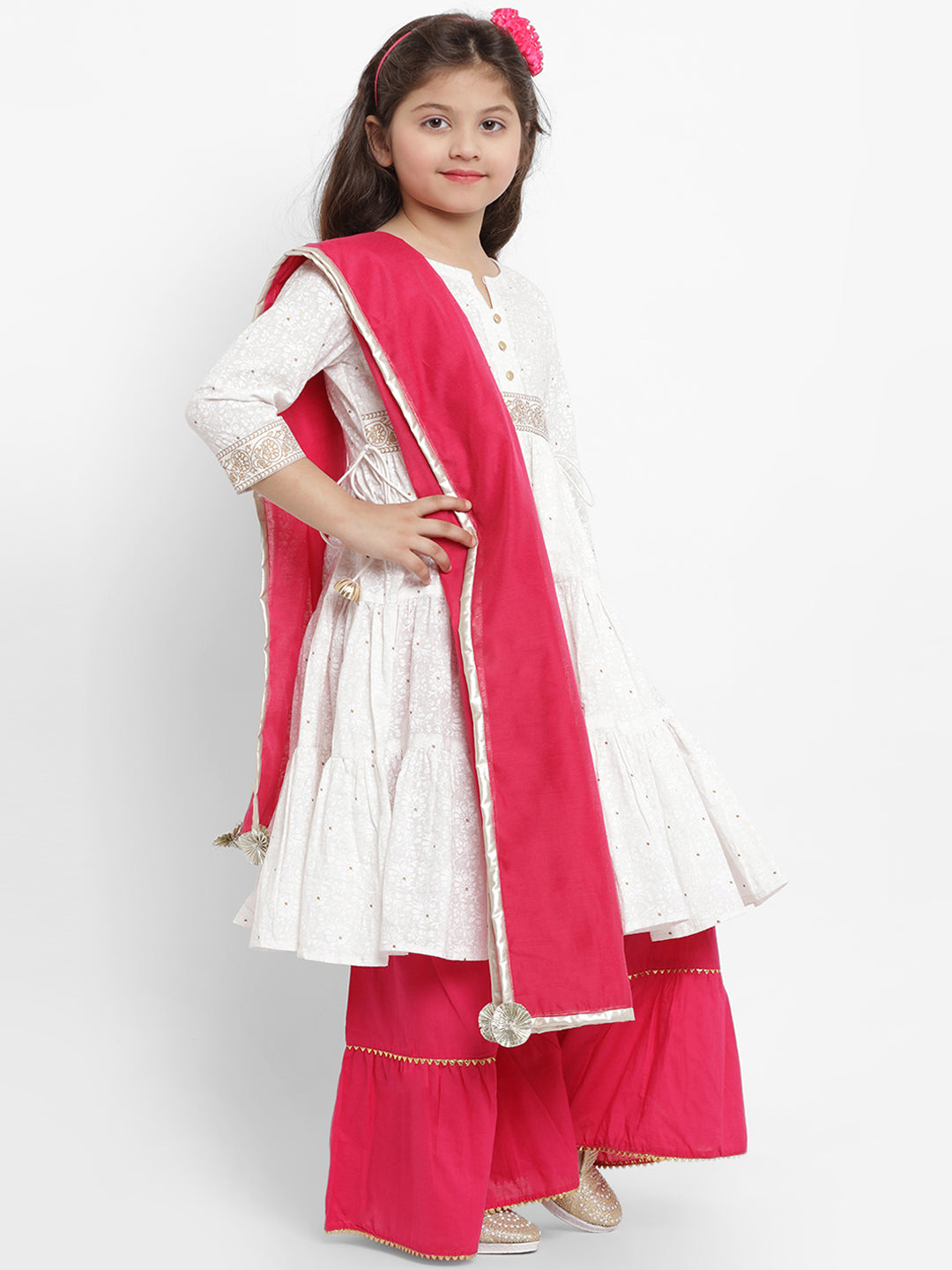 Bitiya By Bhama White Cotton Khari Print Flaired Anarkali Kurta And Plazzo With Chandri Dupatta