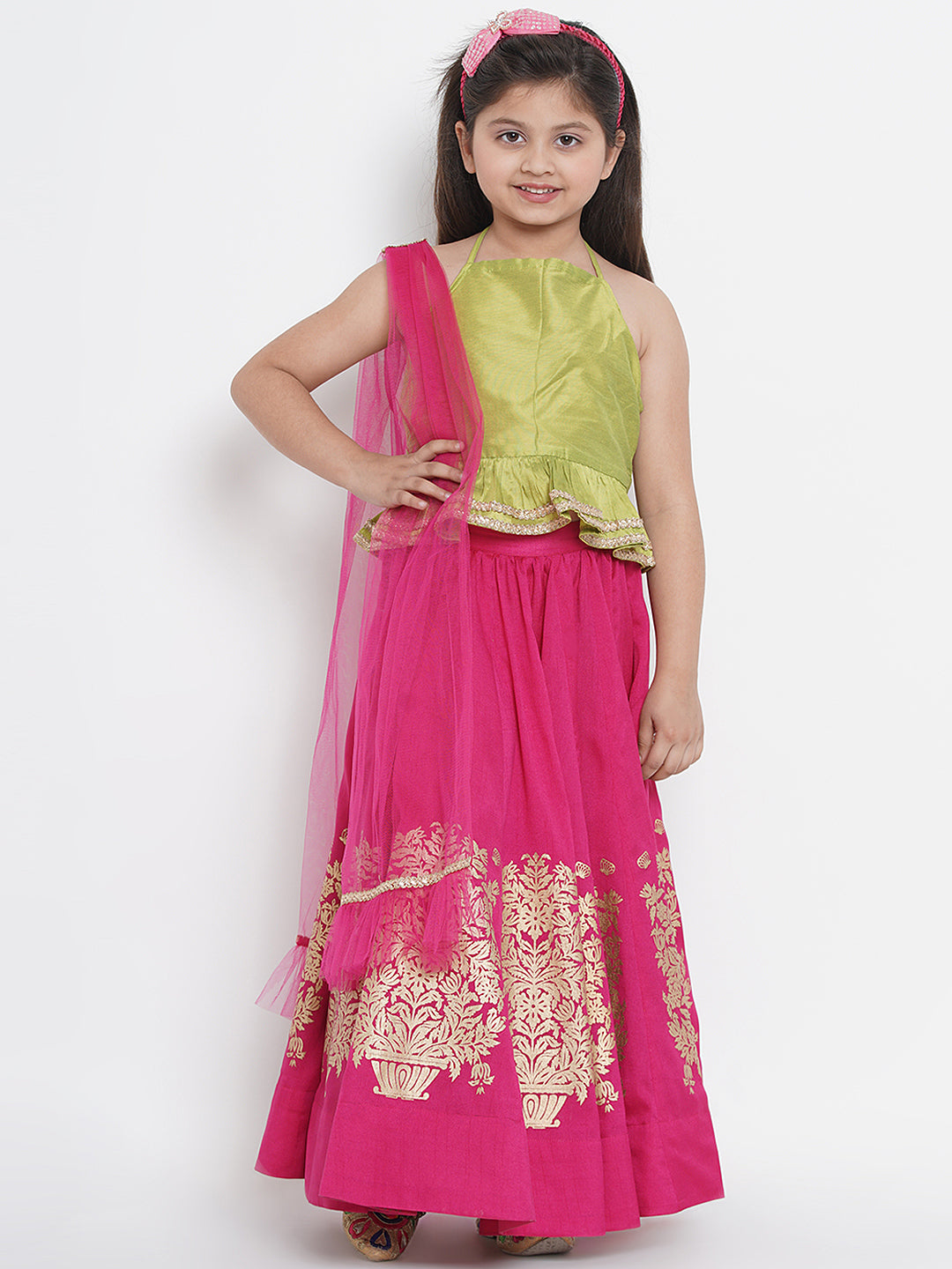 Bitiya By Bhama Girls Green & Fuchsia Solid Ready To Wear Lehenga & Blouse With Dupatta