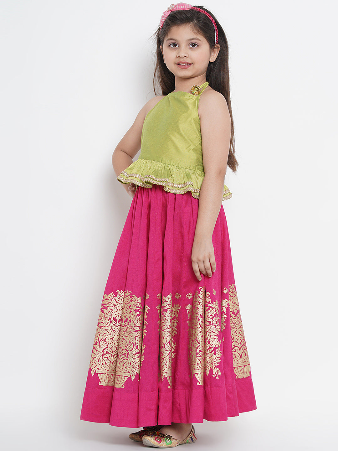 Bitiya By Bhama Girls Green & Fuchsia Solid Ready To Wear Lehenga & Blouse With Dupatta