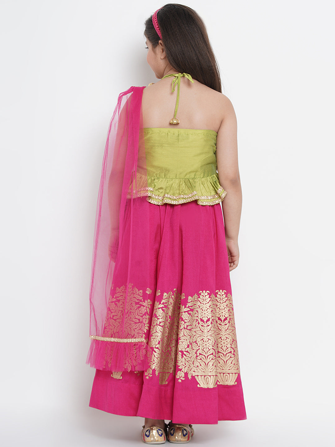 Bitiya By Bhama Girls Green & Fuchsia Solid Ready To Wear Lehenga & Blouse With Dupatta