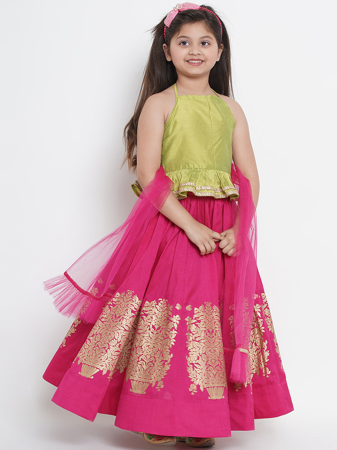 Bitiya By Bhama Girls Green & Fuchsia Solid Ready To Wear Lehenga & Blouse With Dupatta
