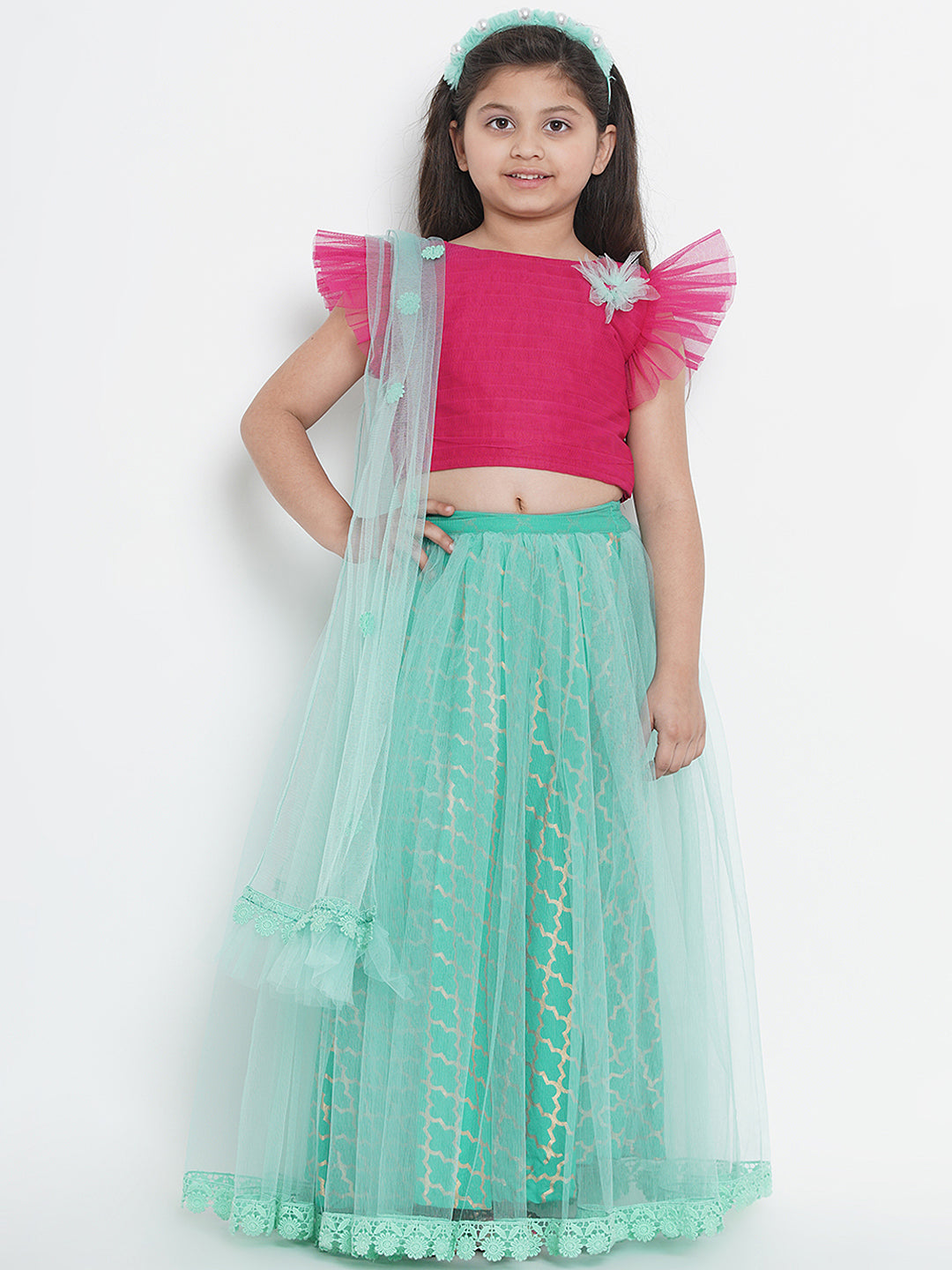Bitiya By Bhama Girls Sea Green & Fuchsia Solid Ready To Wear Lehenga & Blouse With Dupatta