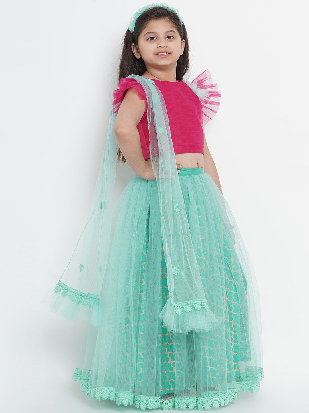 Bitiya By Bhama Girls Sea Green & Fuchsia Solid Ready To Wear Lehenga & Blouse With Dupatta