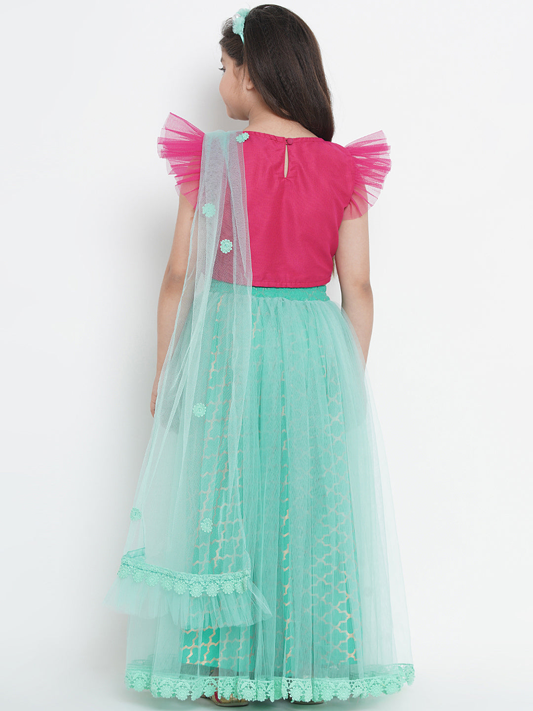 Bitiya By Bhama Girls Sea Green & Fuchsia Solid Ready To Wear Lehenga & Blouse With Dupatta