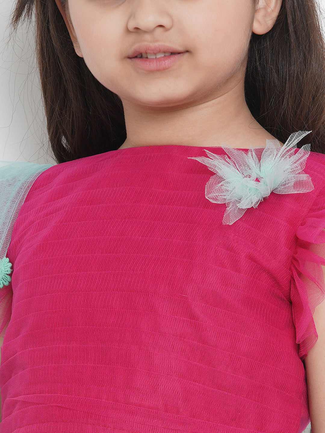 Bitiya By Bhama Girls Sea Green & Fuchsia Solid Ready To Wear Lehenga & Blouse With Dupatta