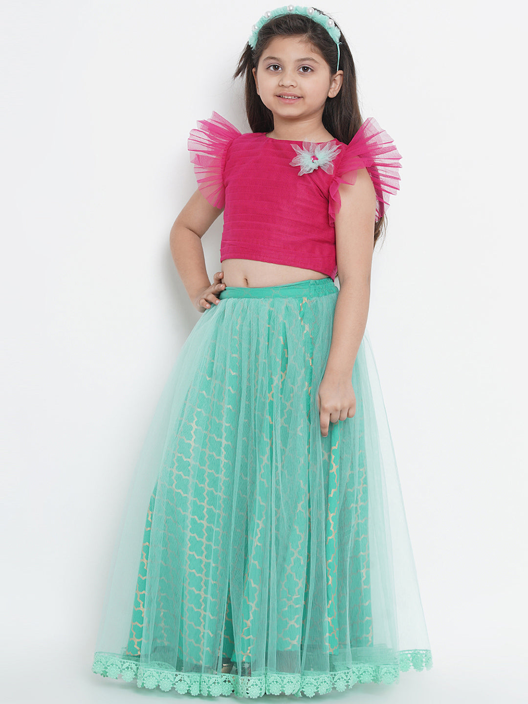 Bitiya By Bhama Girls Sea Green & Fuchsia Solid Ready To Wear Lehenga & Blouse With Dupatta