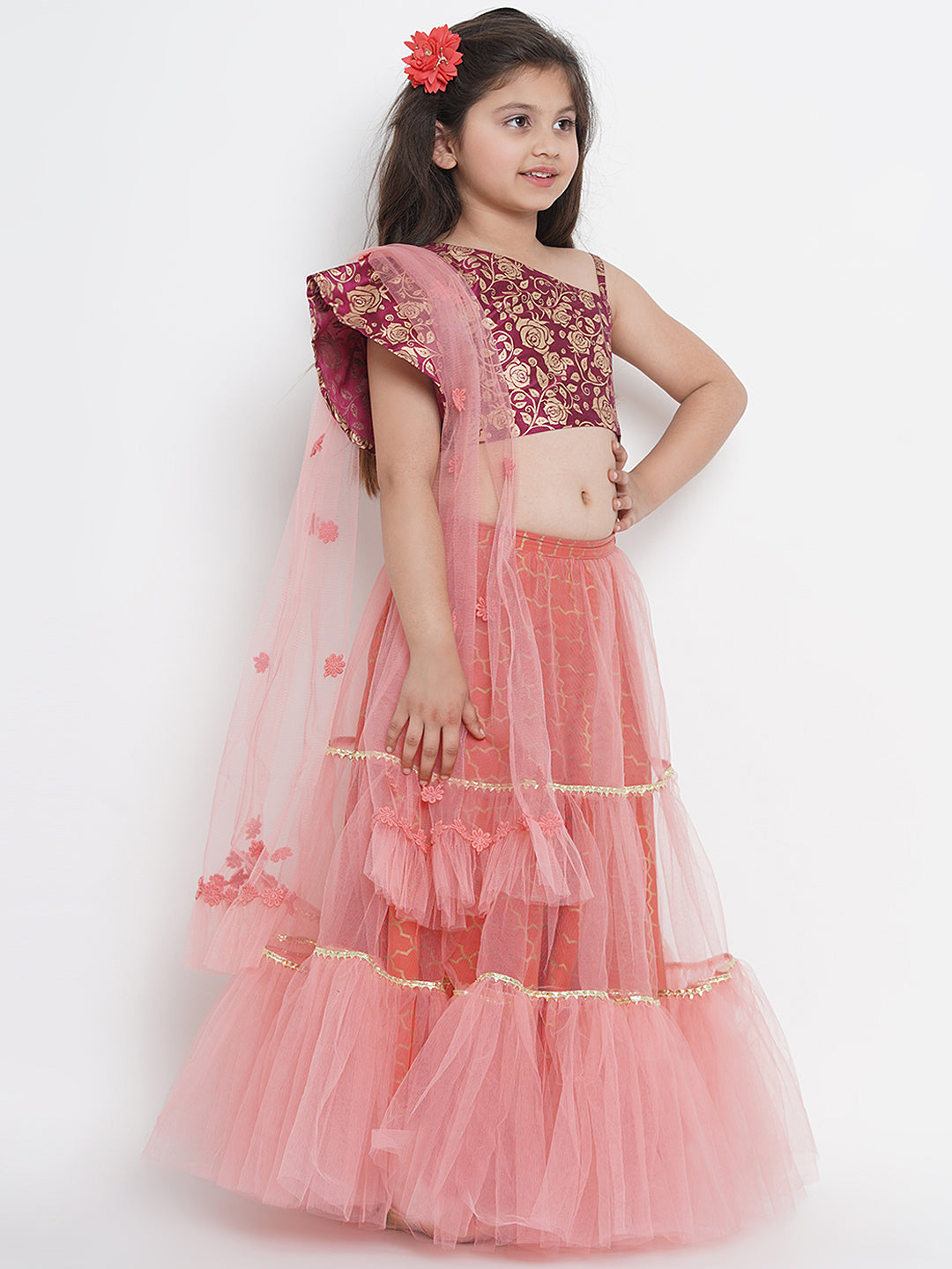 Bitiya By Bhama Girls Peach-Coloured & Burgundy Printed Ready To Wear Lehenga & Blouse With Dupatta