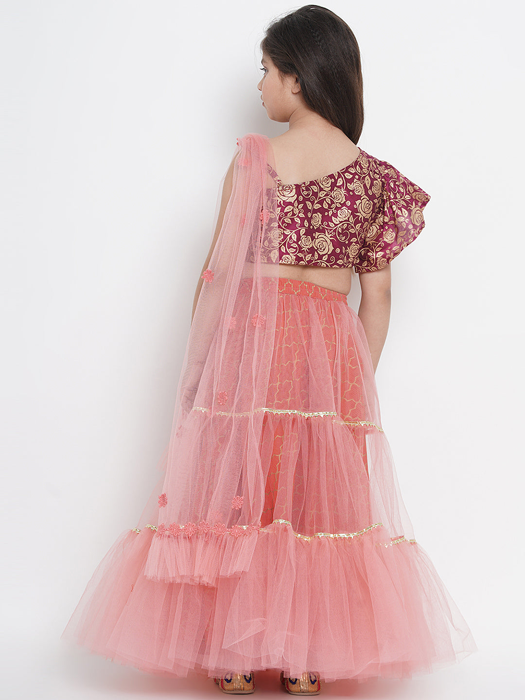 Bitiya By Bhama Girls Peach-Coloured & Burgundy Printed Ready To Wear Lehenga & Blouse With Dupatta