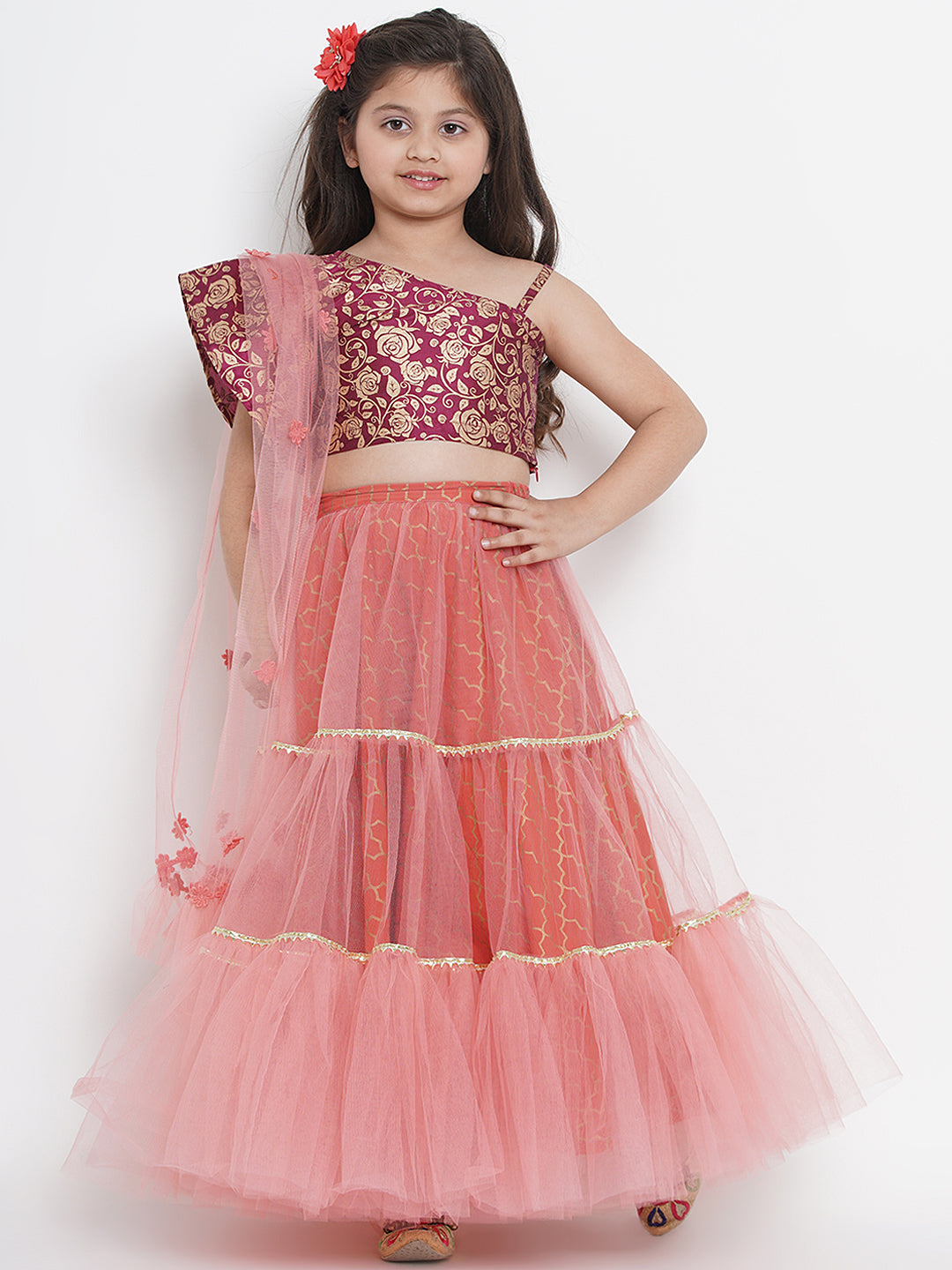 Bitiya By Bhama Girls Peach-Coloured & Burgundy Printed Ready To Wear Lehenga & Blouse With Dupatta