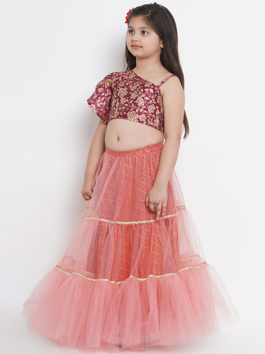 Bitiya By Bhama Girls Peach-Coloured & Burgundy Printed Ready To Wear Lehenga & Blouse With Dupatta