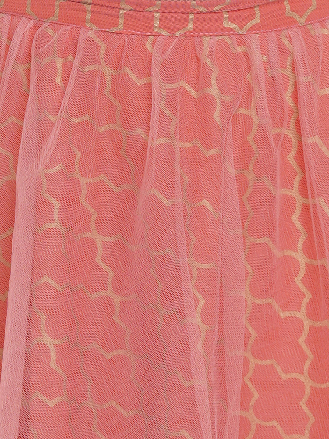 Bitiya By Bhama Girls Peach-Coloured & Burgundy Printed Ready To Wear Lehenga & Blouse With Dupatta