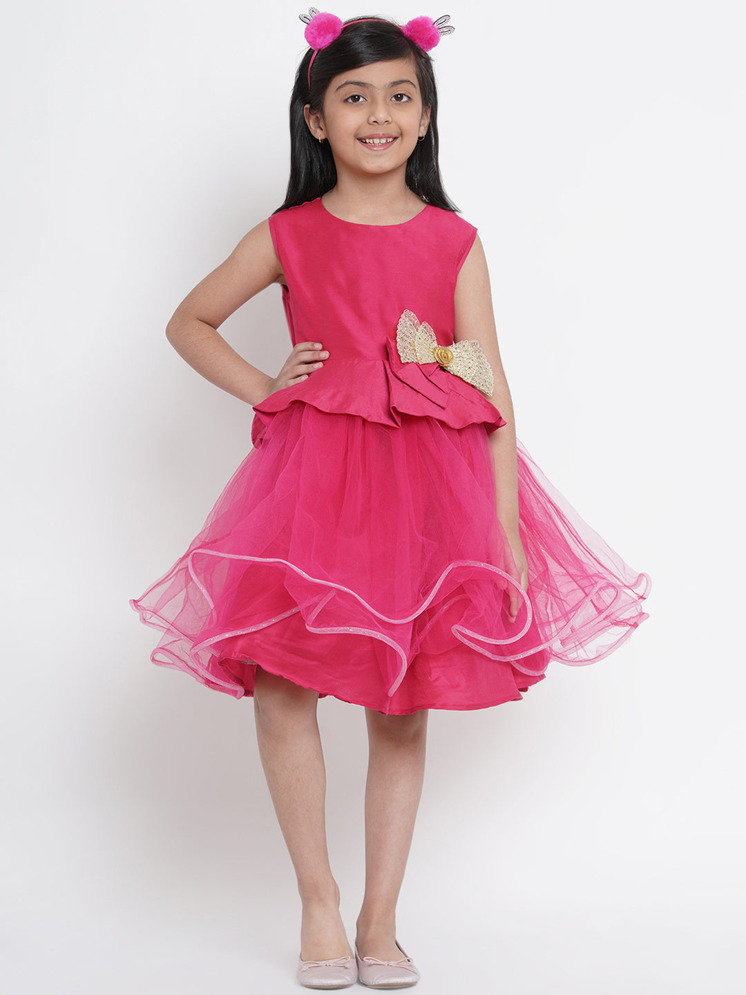 Bitiya By Bhama Girls Fuchsia Pink Embellished Fit And Flare Dress