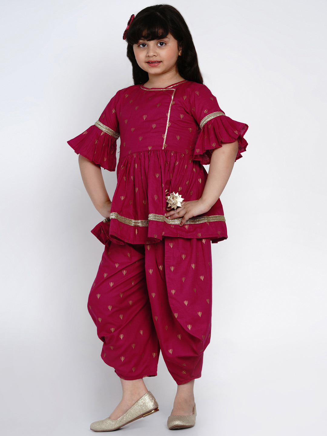 Bitiya by Bhama Girls Magenta Printed Kurti with Dhoti Pants