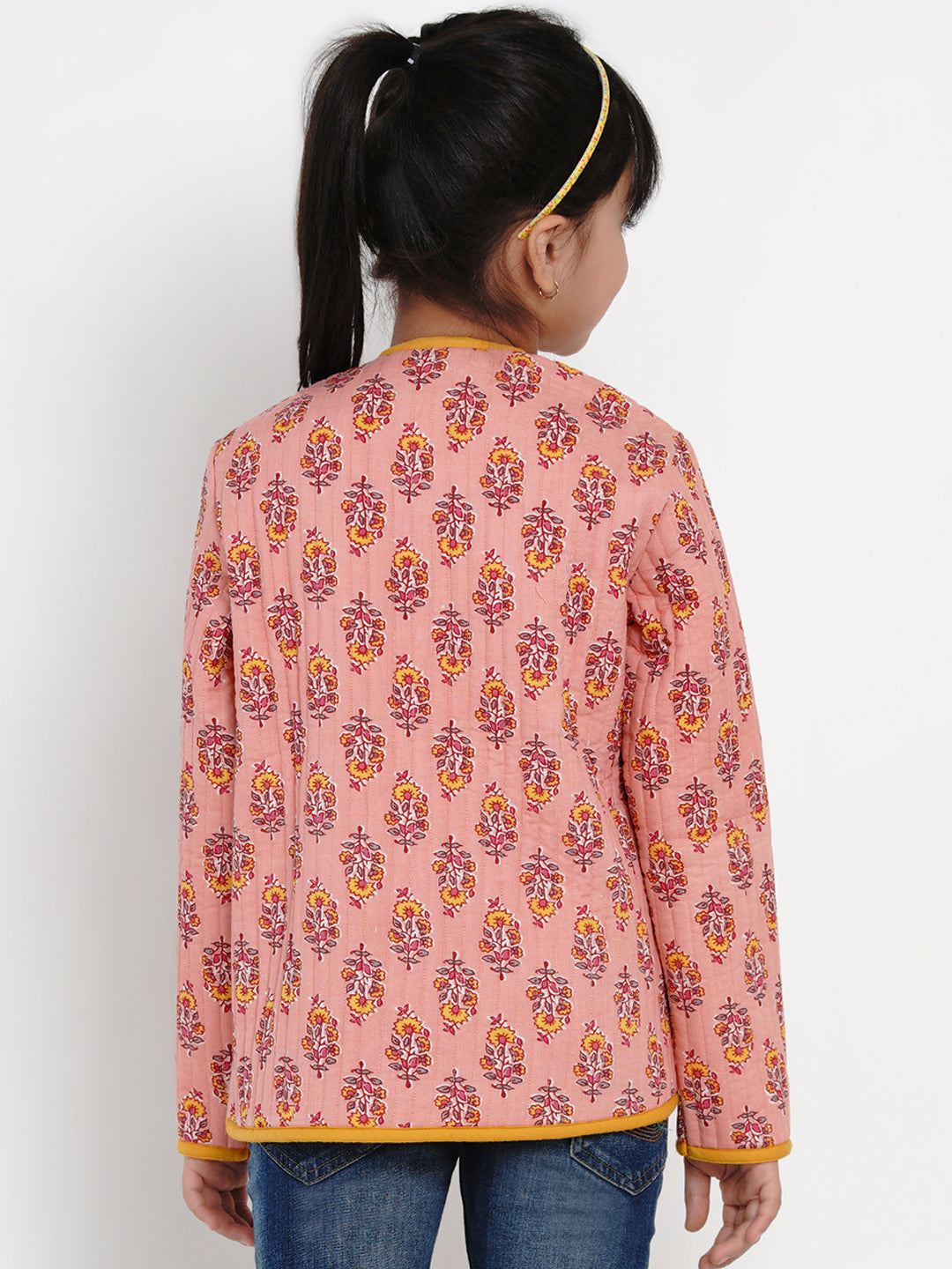 Bitiya by Bhama 
Girls Peach & Mustard Yellow Printed Open Front Jacket