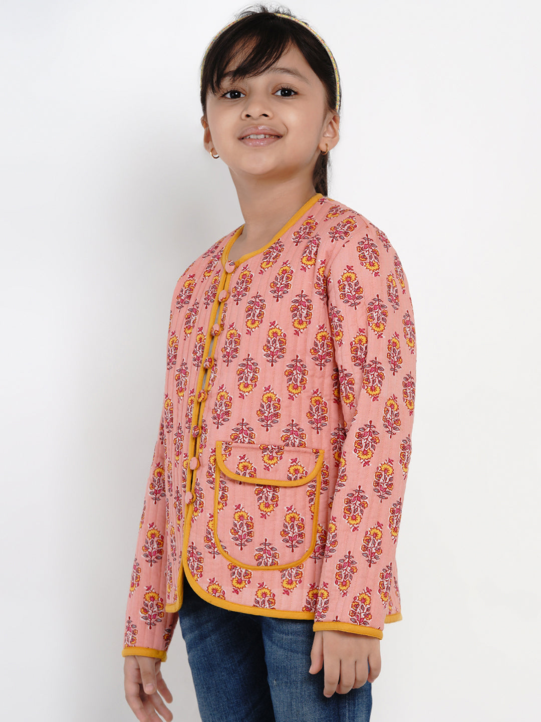 Bitiya by Bhama 
Girls Peach & Mustard Yellow Printed Open Front Jacket