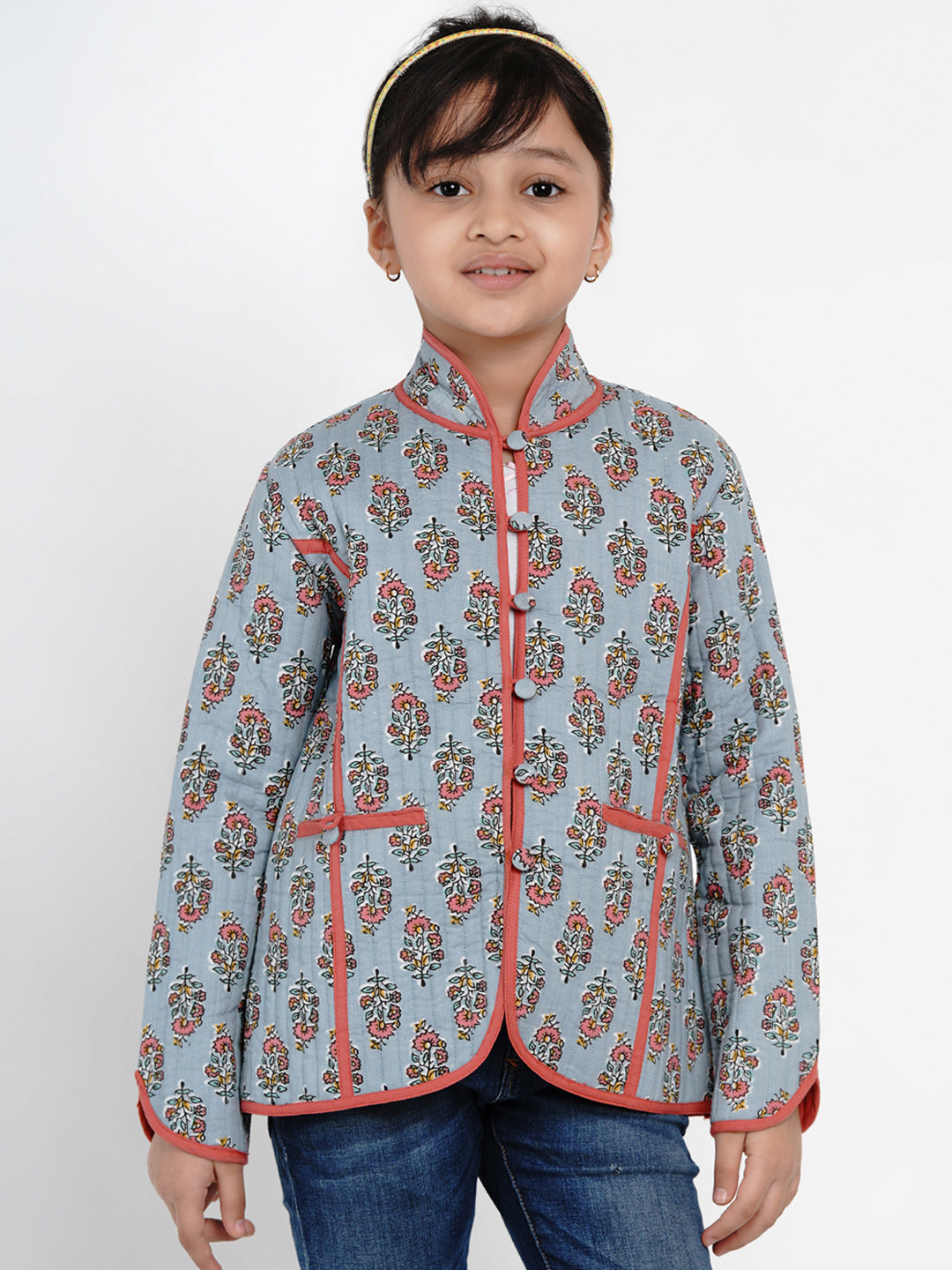 Bitiya by Bhama 
Girls Grey Printed Tailored Jacket