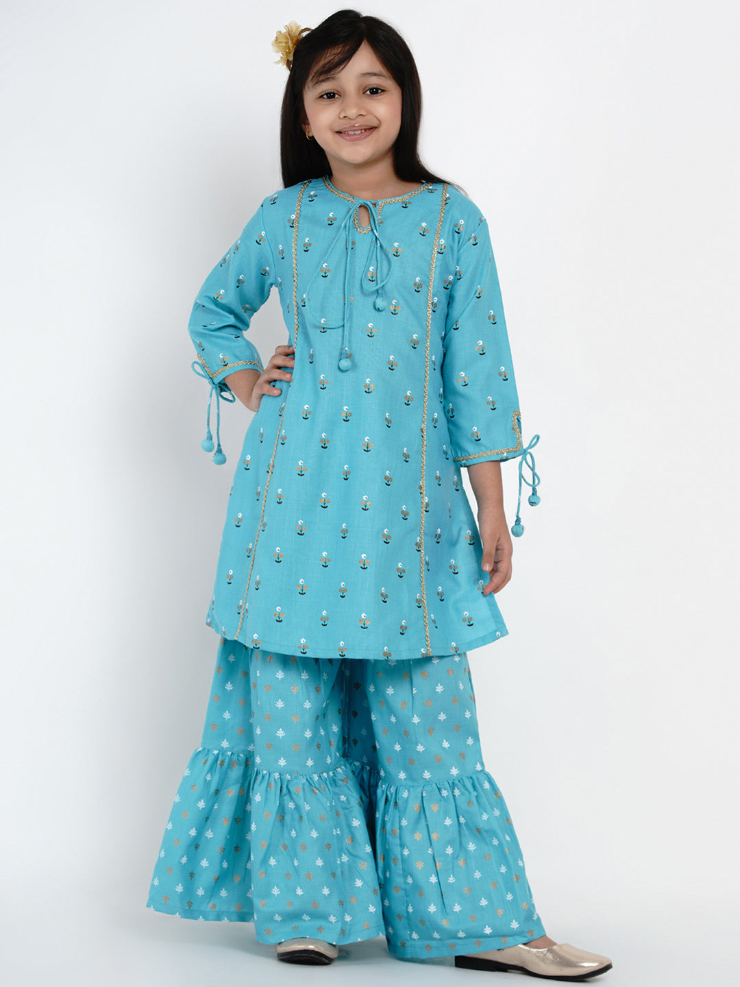 Bitiya by Bhama Girls Blue & White Printed Kurta with Shararav