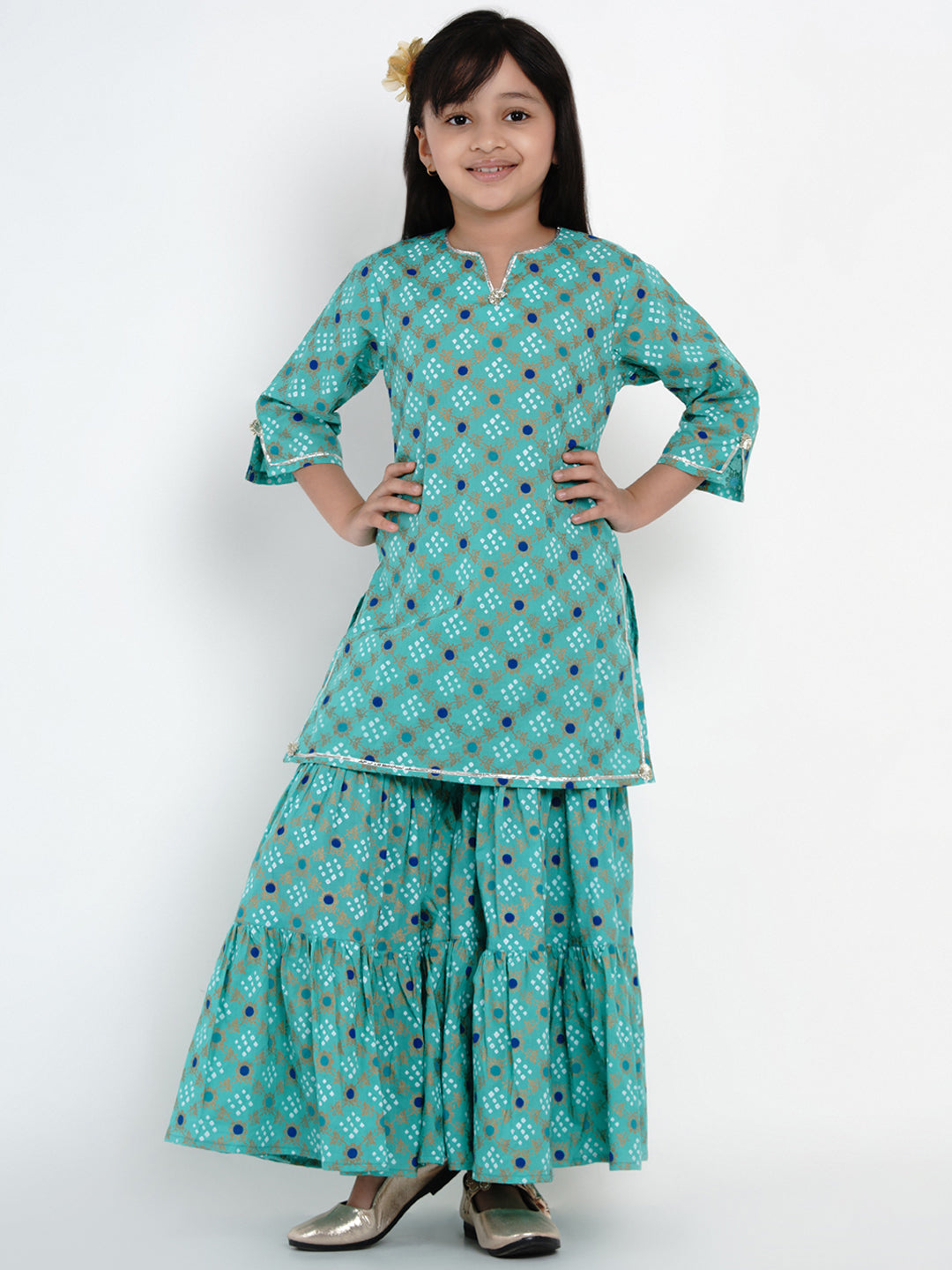 Bitiya By Bhama Girls Sea Green Bandhej Printed Kurta With Sharara