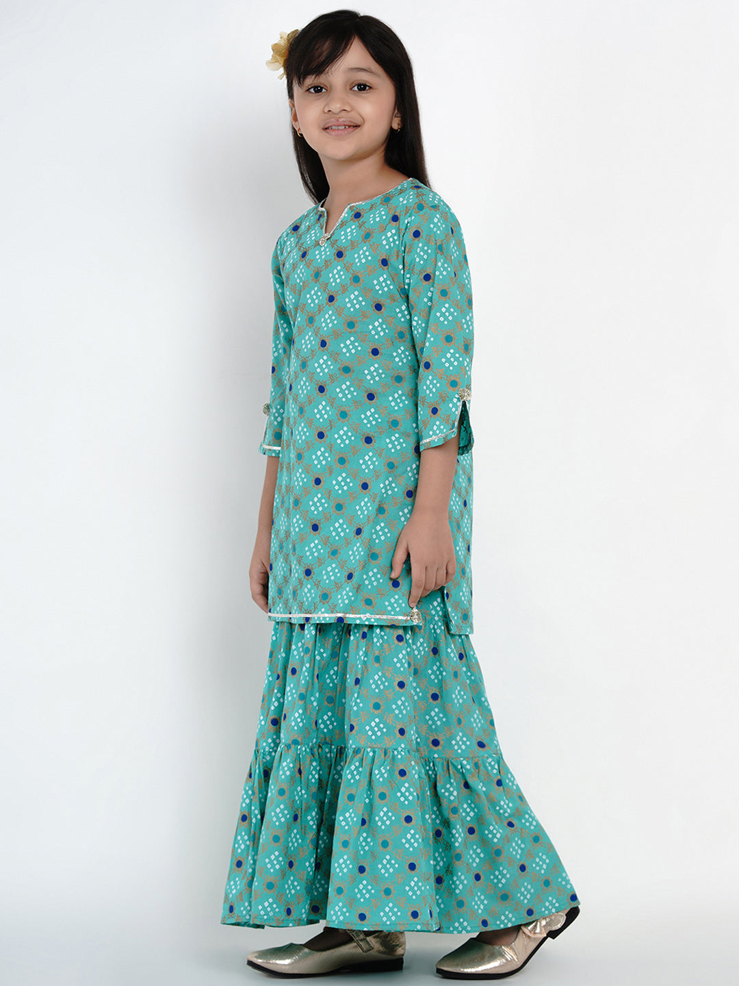 Bitiya By Bhama Girls Sea Green Bandhej Printed Kurta With Sharara