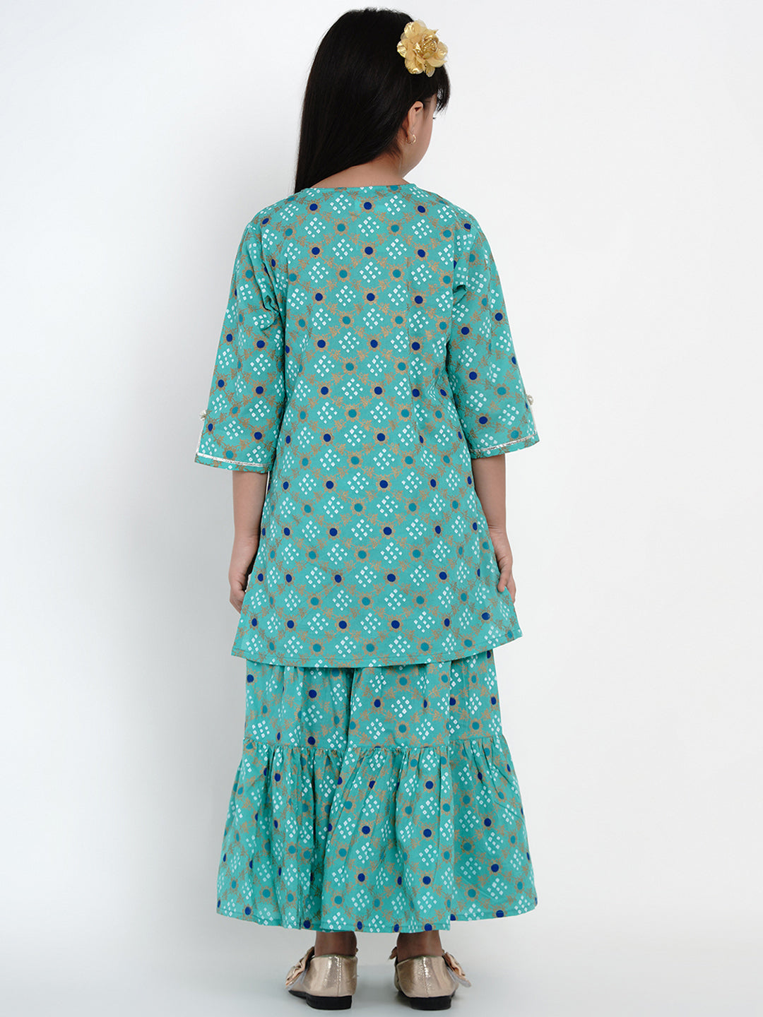 Bitiya By Bhama Girls Sea Green Bandhej Printed Kurta With Sharara