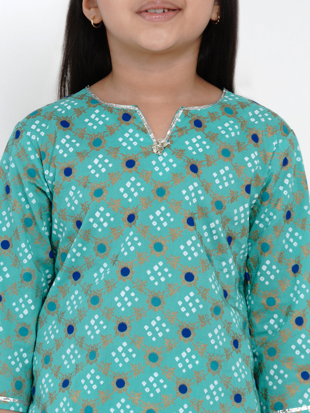 Bitiya By Bhama Girls Sea Green Bandhej Printed Kurta With Sharara