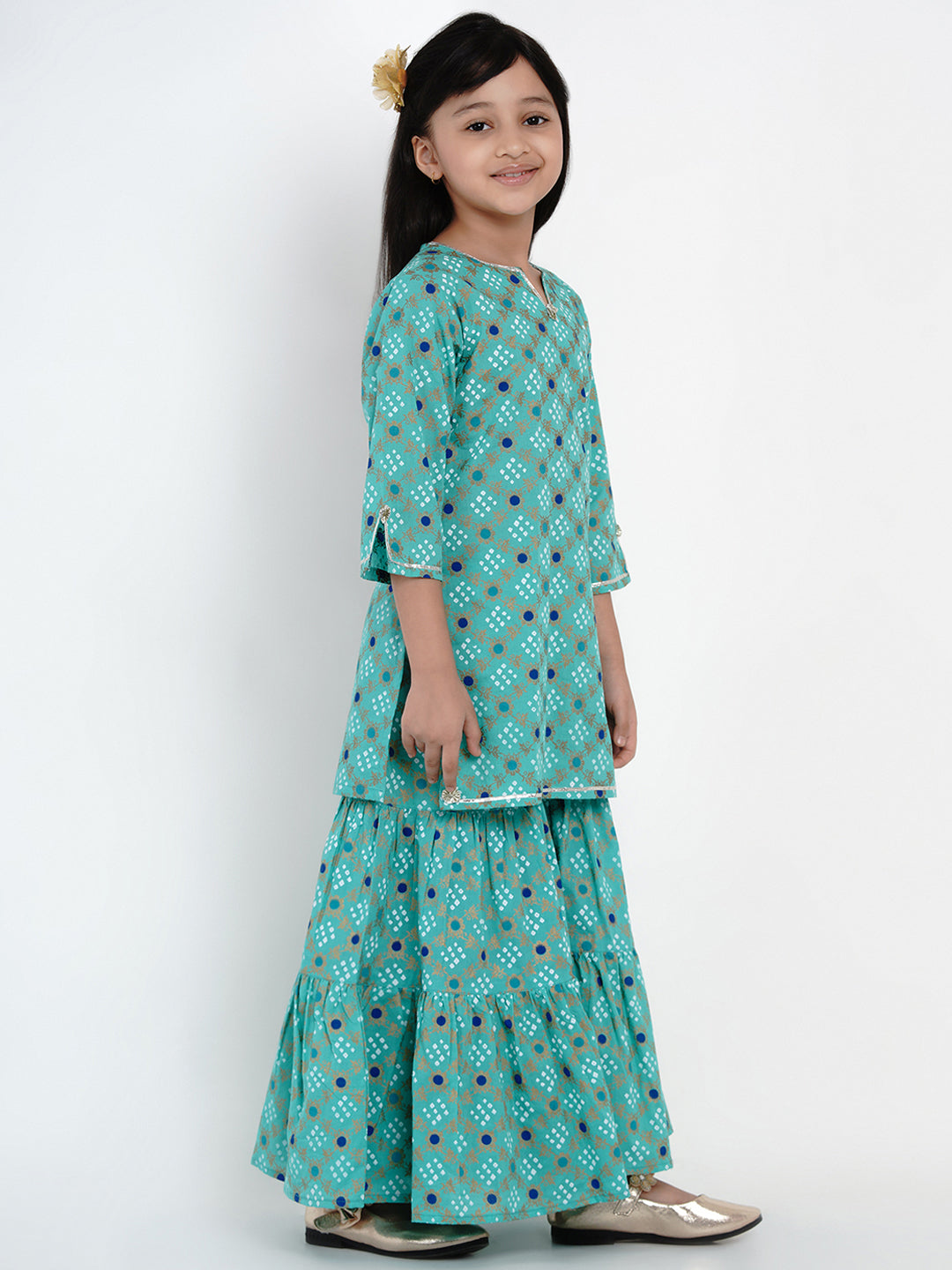 Bitiya By Bhama Girls Sea Green Bandhej Printed Kurta With Sharara