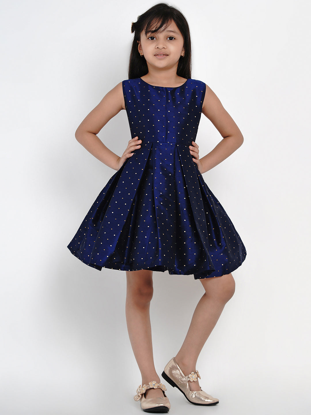 Bitiya By Bhama Girls Navy Blue Woven Design A-Line Fit And Flare Dress