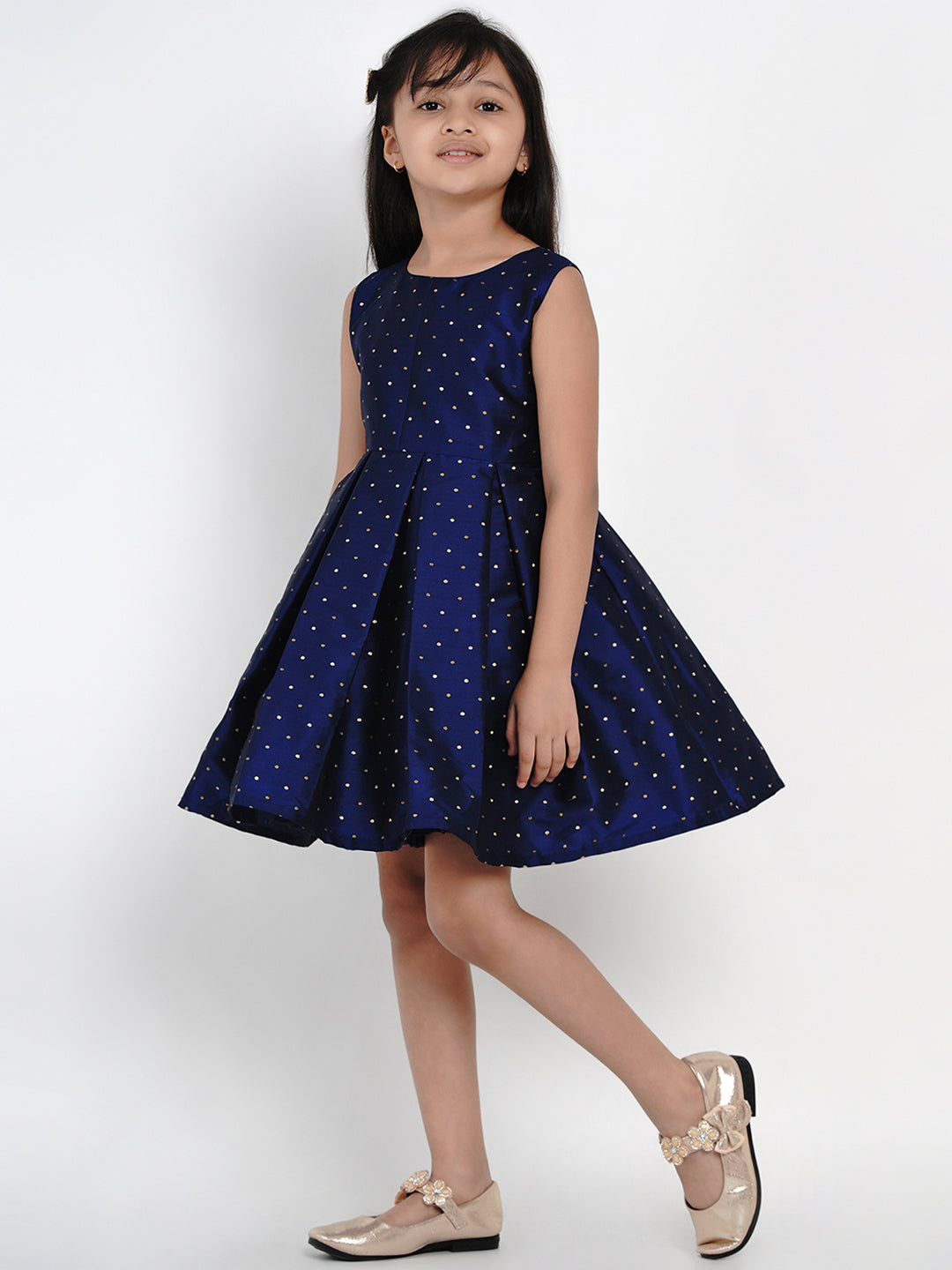 Bitiya By Bhama Girls Navy Blue Woven Design A-Line Fit And Flare Dress