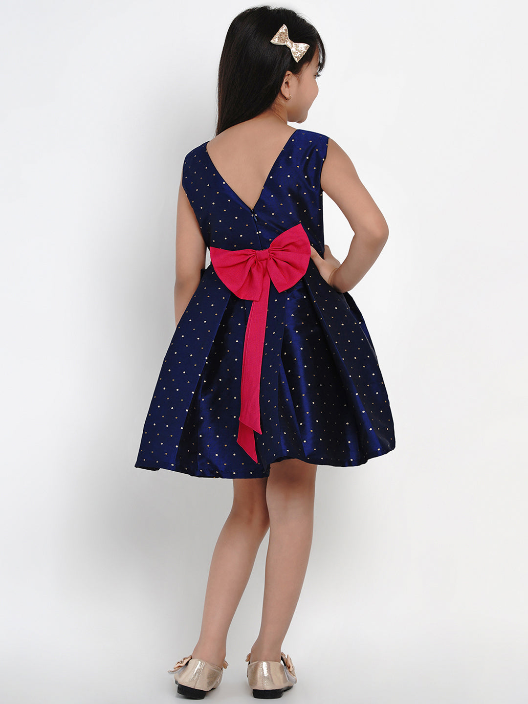 Bitiya By Bhama Girls Navy Blue Woven Design A-Line Fit And Flare Dress