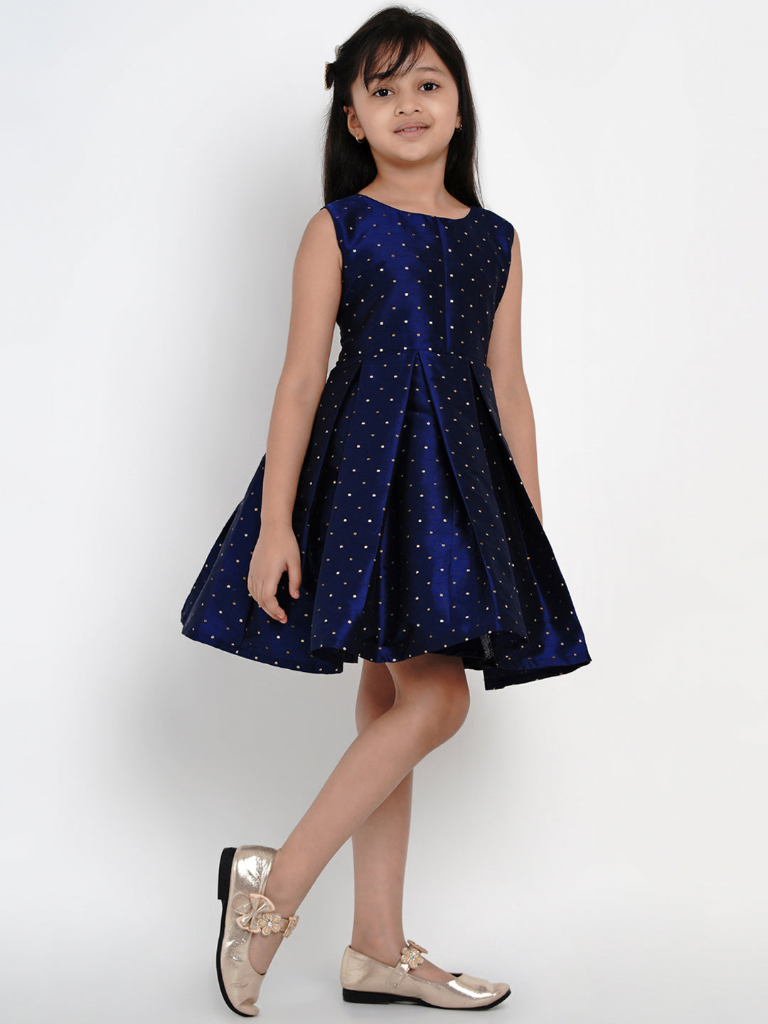 Bitiya By Bhama Girls Navy Blue Woven Design A-Line Fit And Flare Dress