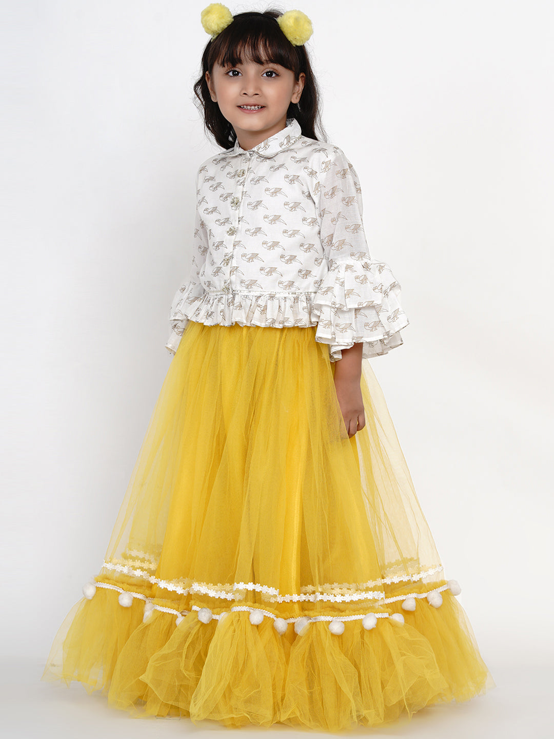 Bitiya By Bhama Girls Off White & Yellow Block Printed Cotton Shirt With Skirt