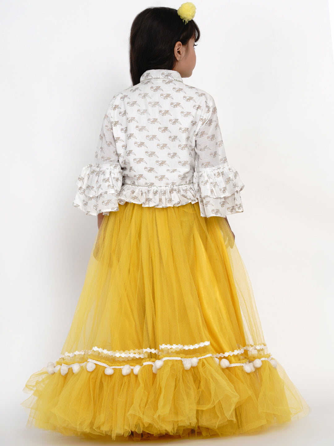 Bitiya By Bhama Girls Off White & Yellow Block Printed Cotton Shirt With Skirt