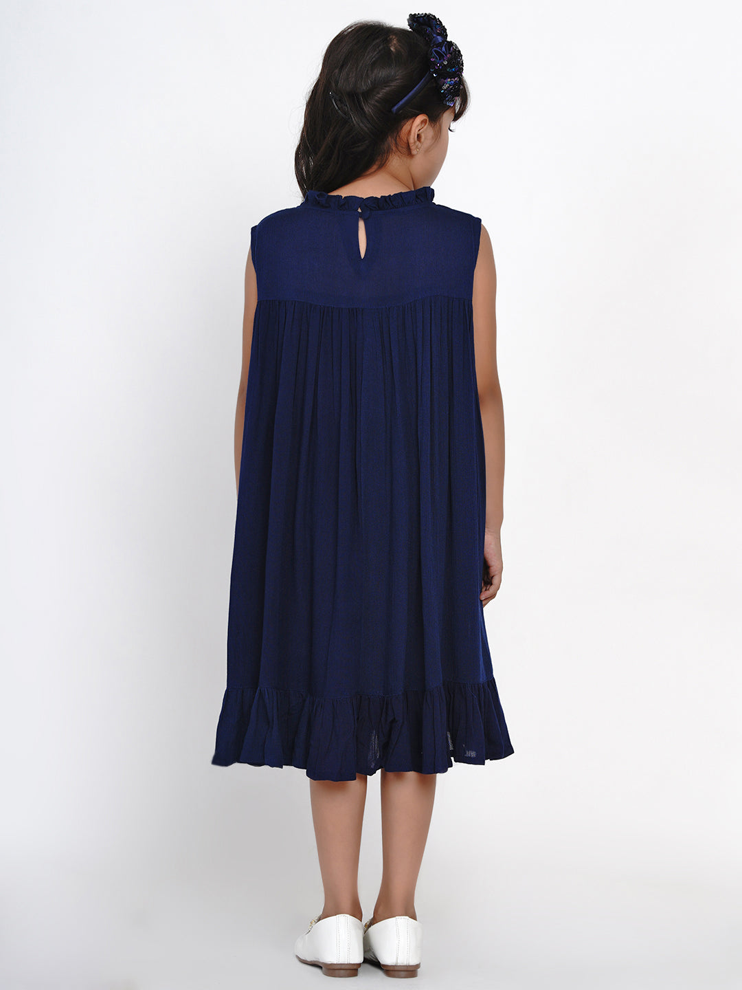 Bitiya By Bhama Girls Navy Blue Embroidered A-Line Dress