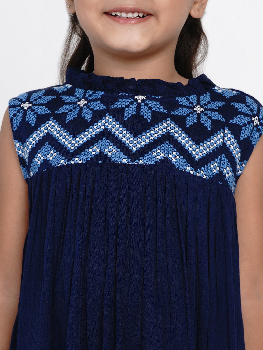 Bitiya By Bhama Girls Navy Blue Embroidered A-Line Dress