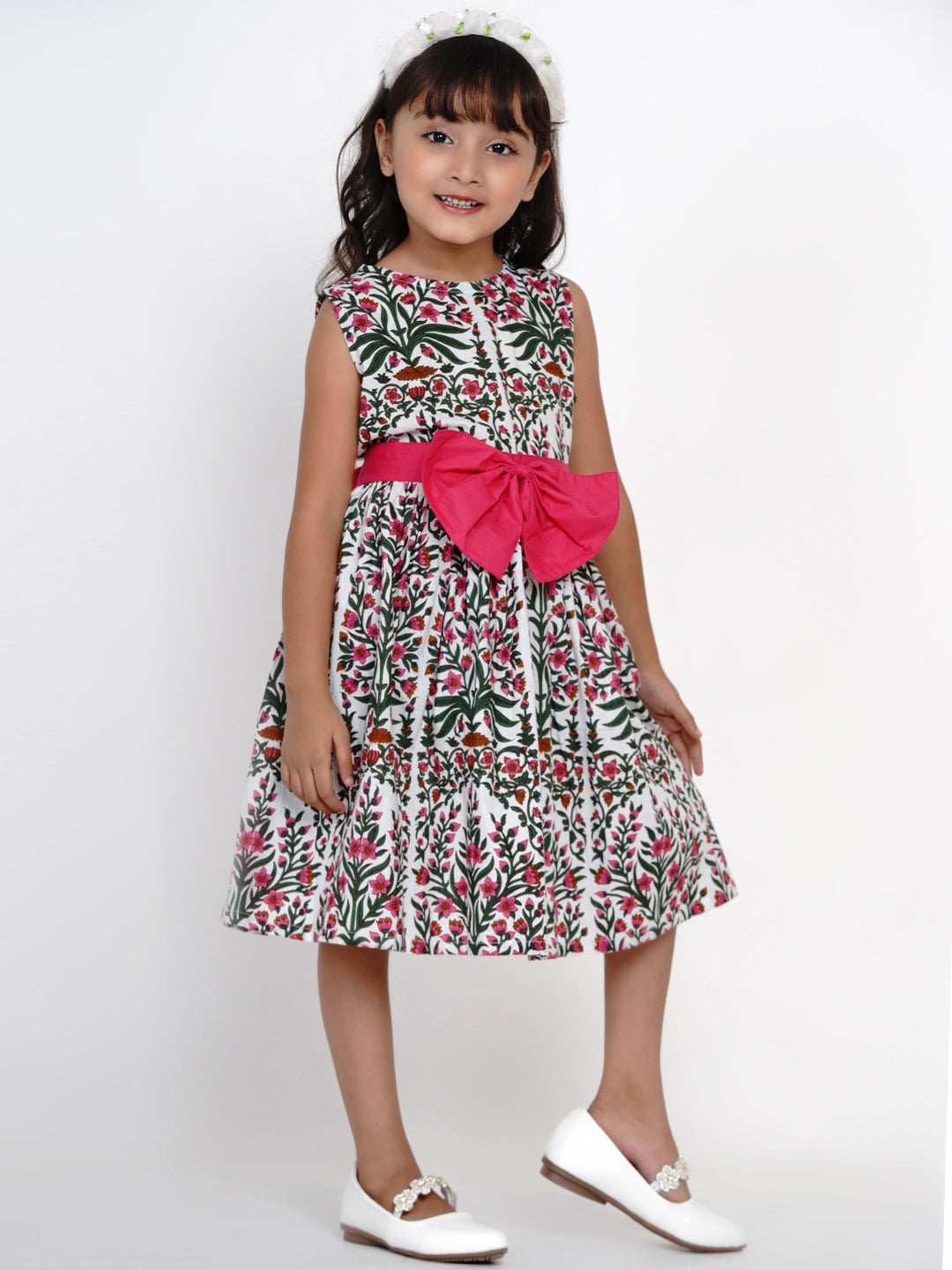 Bitiya By Bhama Girls White & Pink Printed Fit And Flare Dress