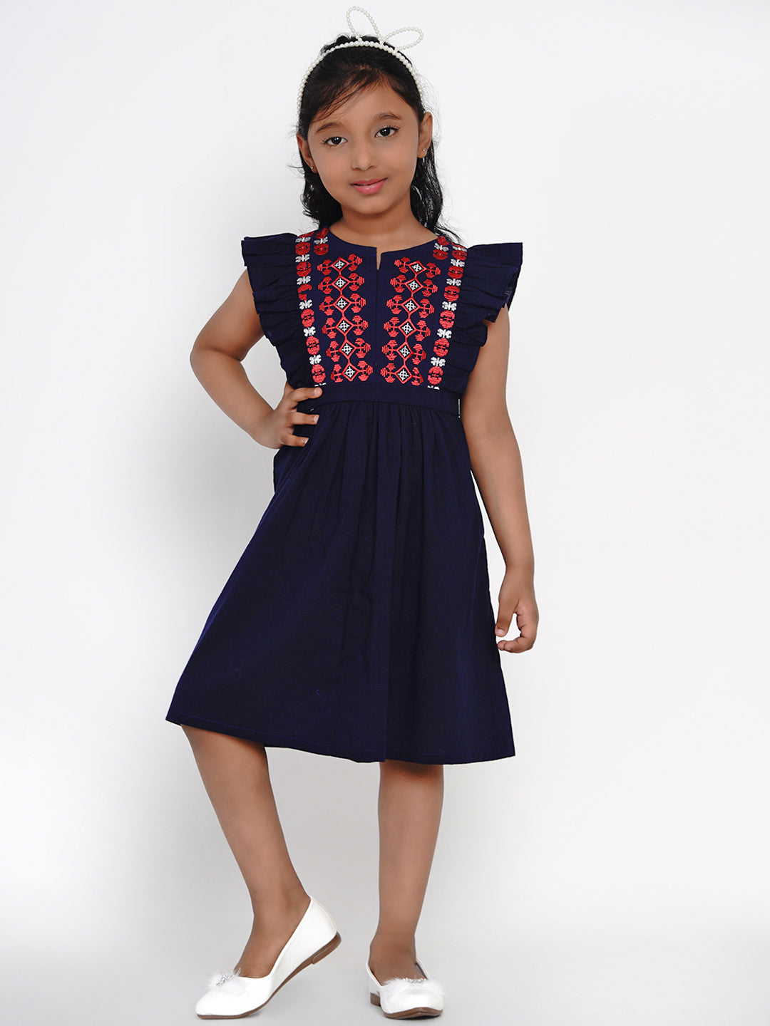 Bitiya By Bhama Girls Navy Blue Embroidered Fit And Flare Dress