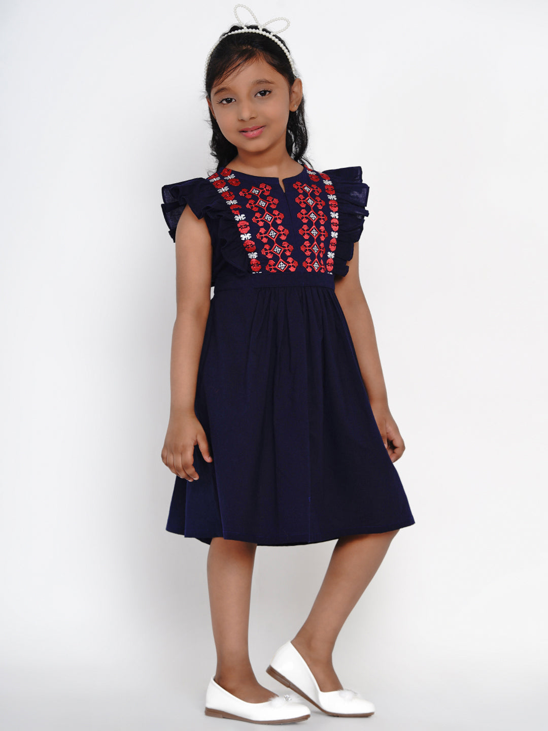 Bitiya By Bhama Girls Navy Blue Embroidered Fit And Flare Dress