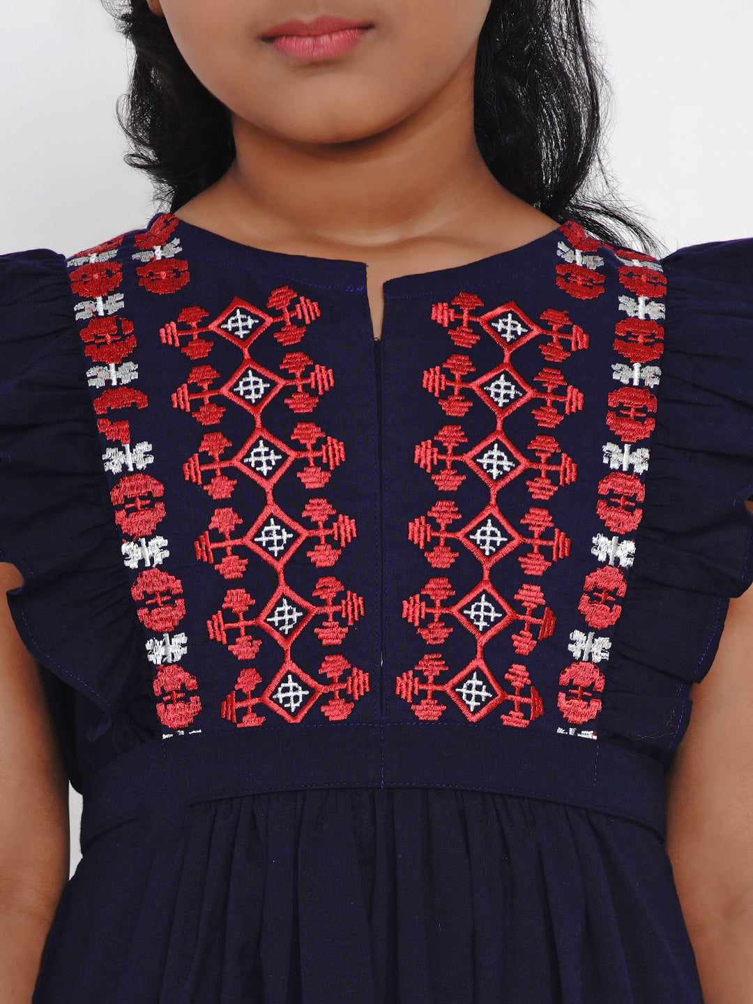 Bitiya By Bhama Girls Navy Blue Embroidered Fit And Flare Dress