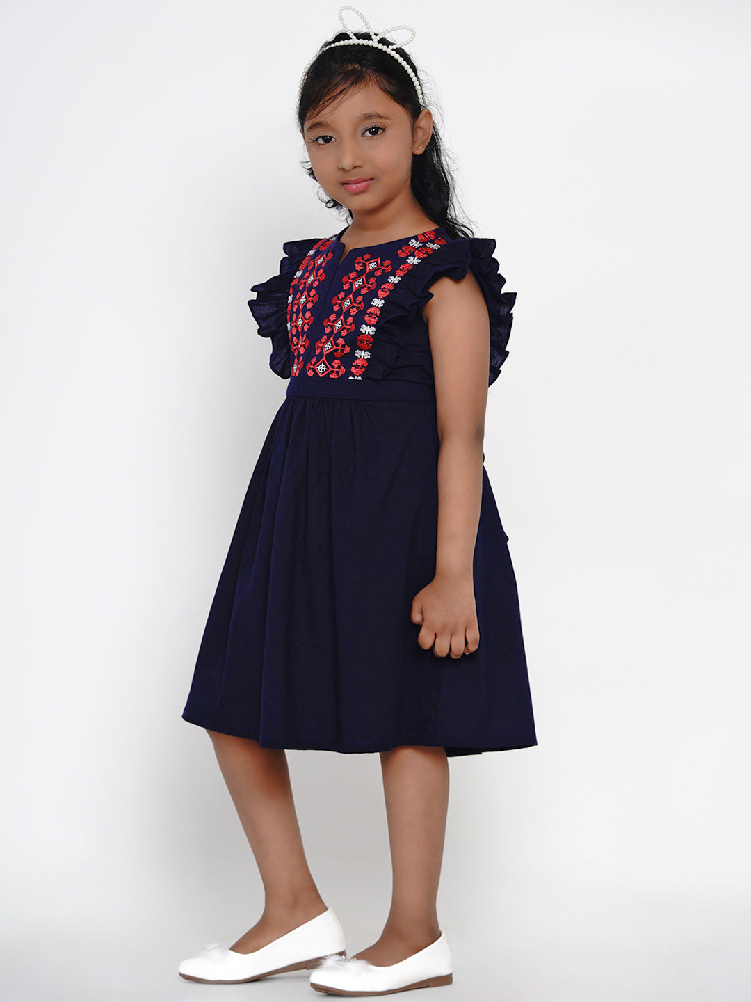 Bitiya By Bhama Girls Navy Blue Embroidered Fit And Flare Dress