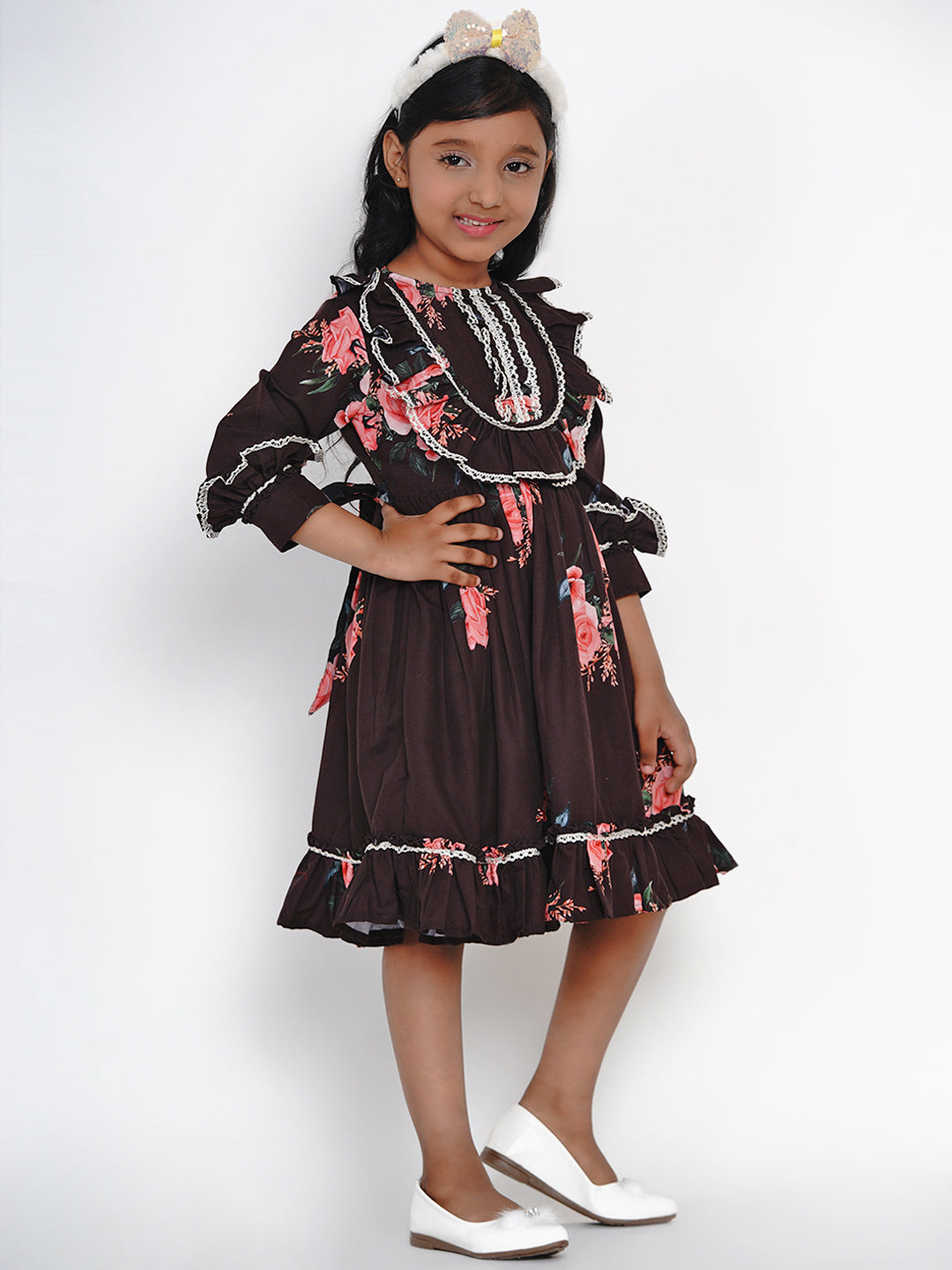 Bitiya By Bhama Girls Black Floral Printed Crepe Fit And Flare Dress