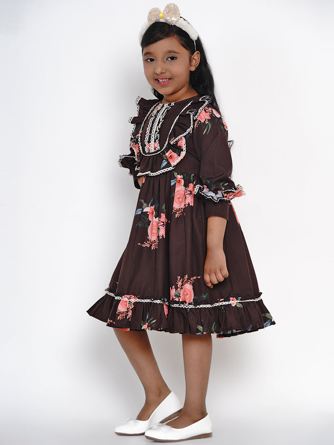 Bitiya By Bhama Girls Black Floral Printed Crepe Fit And Flare Dress