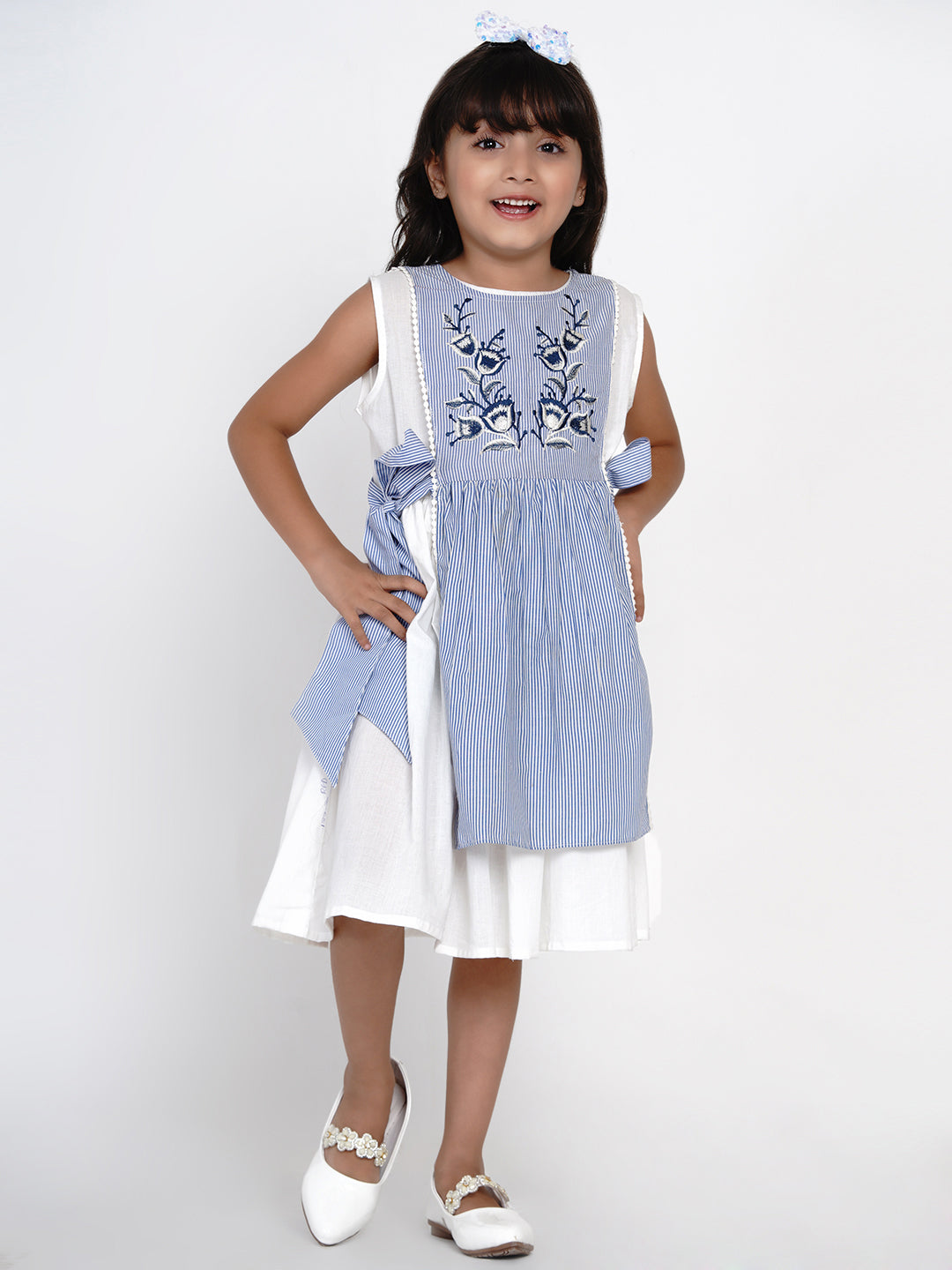 Bitiya by Bhama Girls Blue & White Striped Fit and Flare Layered Dress