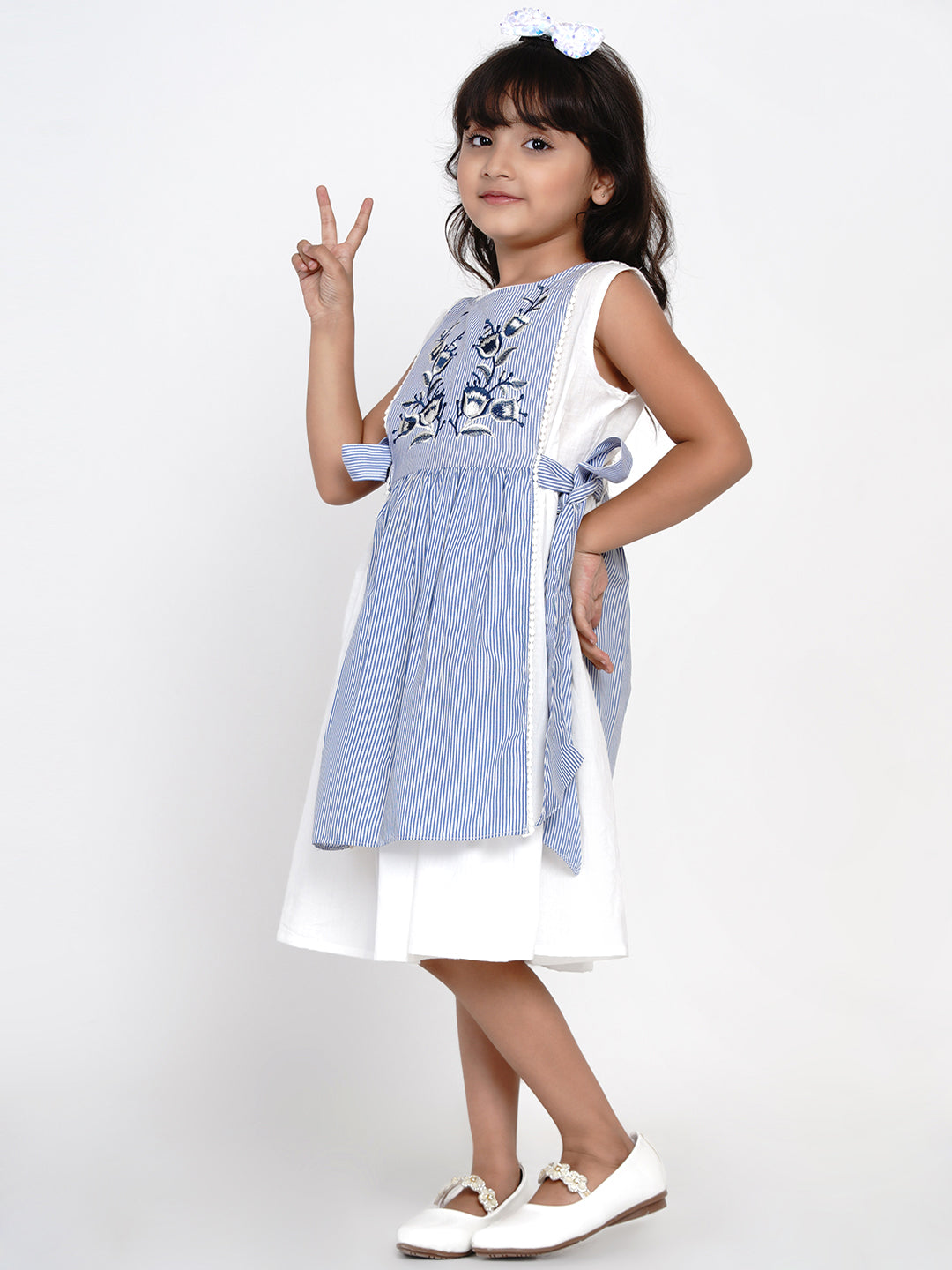 Bitiya by Bhama Girls Blue & White Striped Fit and Flare Layered Dress