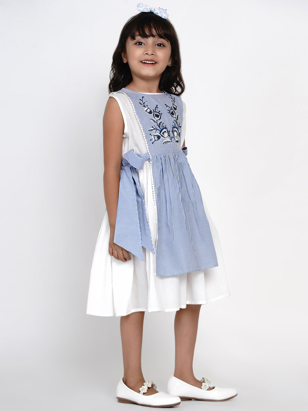 Bitiya by Bhama Girls Blue & White Striped Fit and Flare Layered Dress